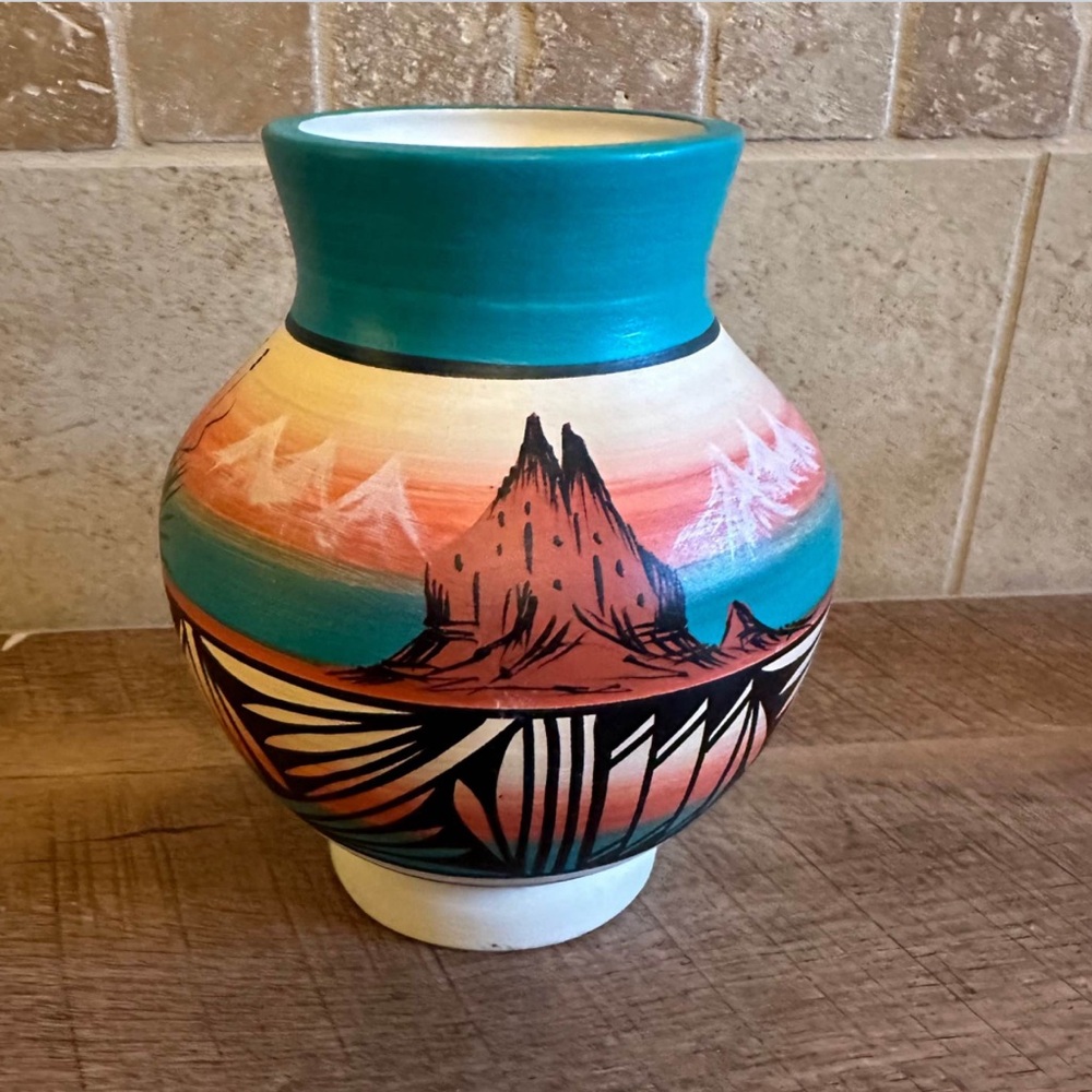 Native Signed Hand-Painted Southwestern Style Ceramic Vase in Turquoise